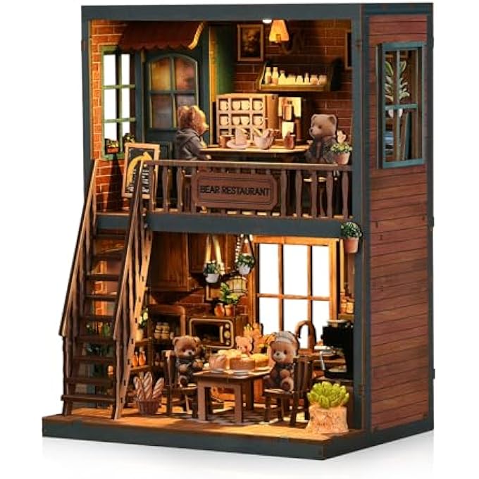 DIY BOOK NOOK KIT, 3D WOODEN PUZZLE & BOOKEND WITH LED LIGHT, CREATIVE BOOKSHELF DECORATION, MINIATURE HOUSE WOODEN PUZZLE, LIGHT CREATIVE GIFT FOR READERS (LITTLE BEAR BISTRO) - Image 1